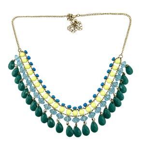Boho Fringe Beads Multicolor Teal Blue Yellow Acrylic 22” Fashion Necklace